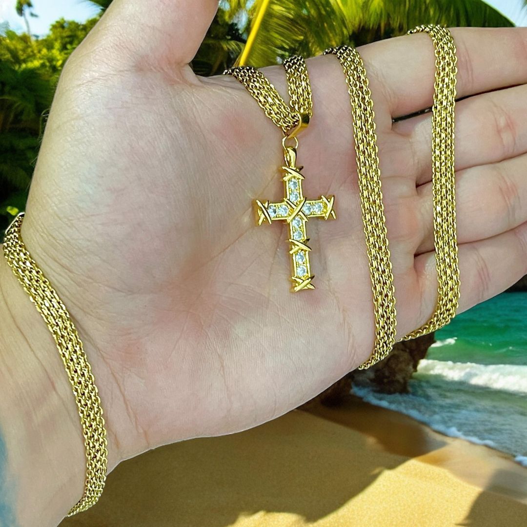 Cadena Tejido Chino con Cristo diamantado + una pulsera de regalo